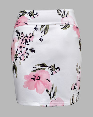 Floral Print Puff Sleeve Double Breasted Blazer Coat & Skirt Set